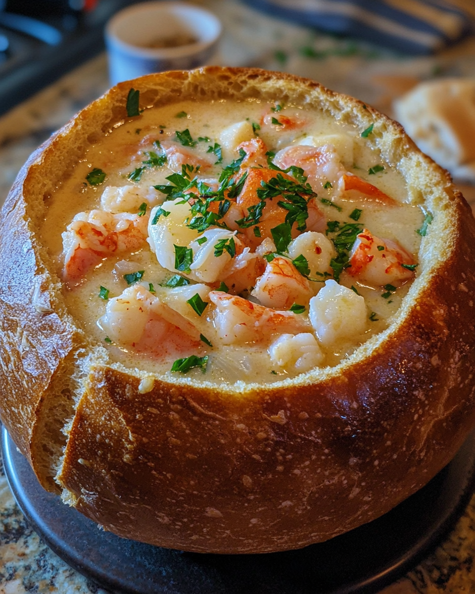 Stuffed Seafood Soup in a Bread Bowl