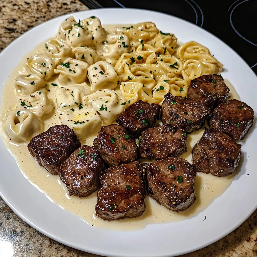 Garlic Butter Steak Bites & Creamy Alfredo Tortellini