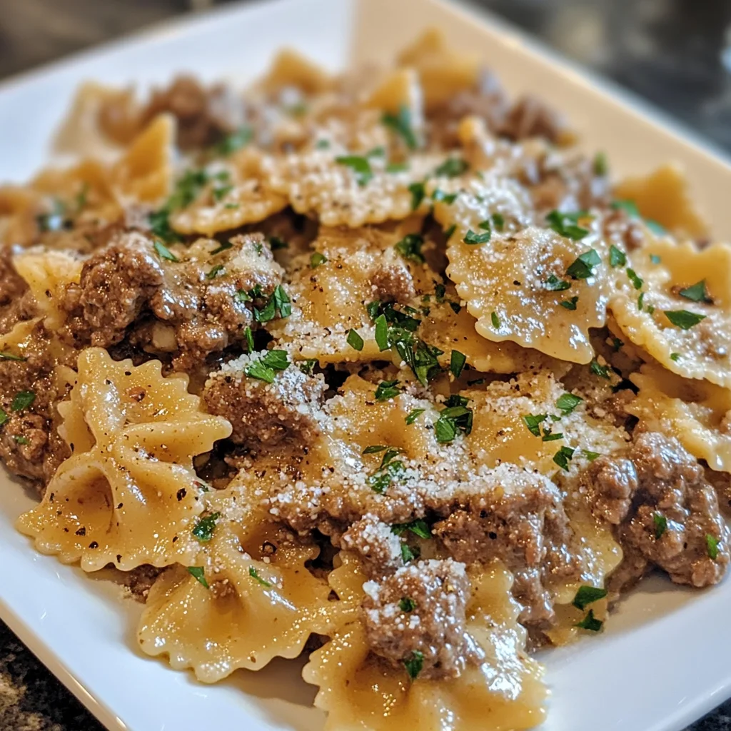 Creamy Parmesan Garlic Beef Bowtie Pasta