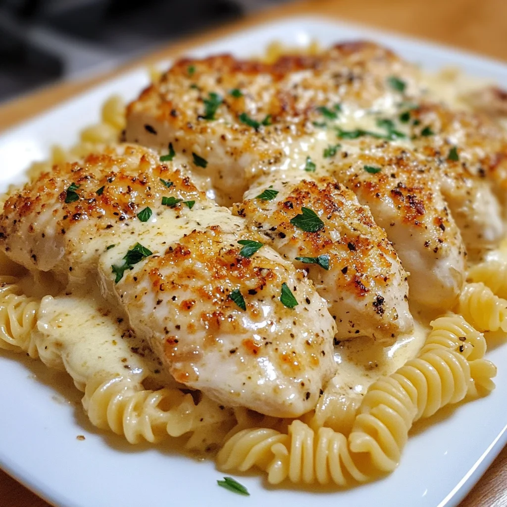 Creamy Garlic Parmesan Chicken with Cheesy Twisted Pasta