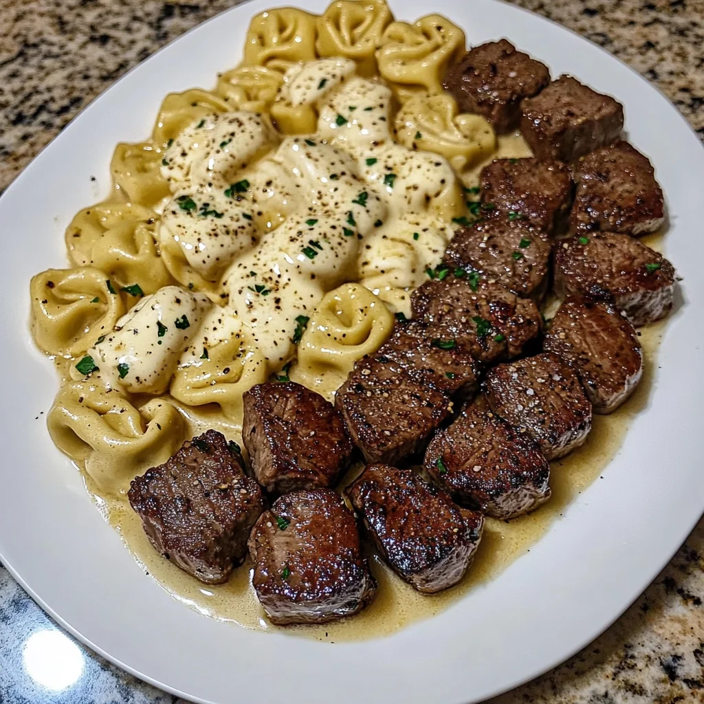 Garlic Butter Steak Bites & Creamy Alfredo Tortellini
