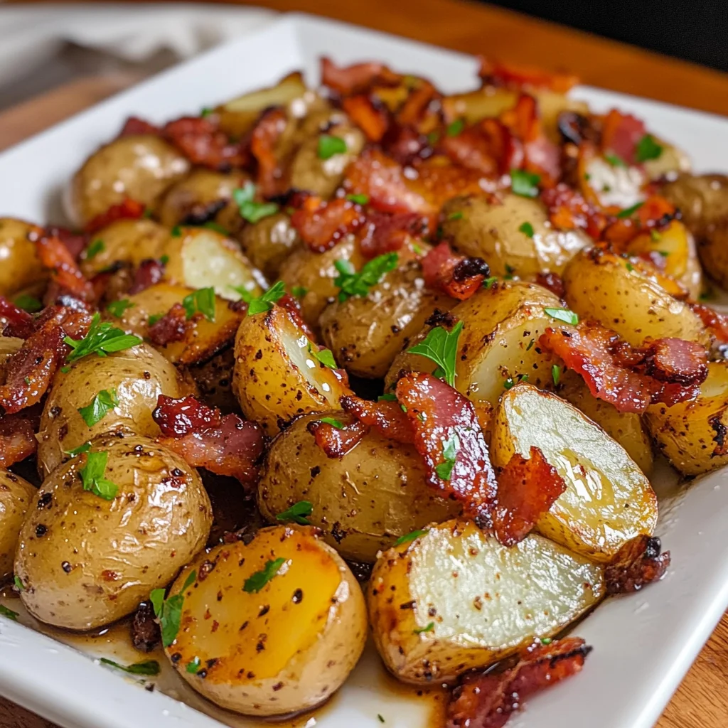Crispy Bacon Honey Roasted Potatoes

Ingredients

2 lbs (900g) baby potatoes, halved
6 slices bacon, chopped
3 tbsp olive oil
2 tbsp honey
1 tsp garlic powder
½ tsp smoked paprika
Salt and black pepper, to taste
Fresh parsley, chopped (for garnish)
Cook Mode Prevent your screen from going dark
Instructions
Preheat your oven to 400°F (200°C) and line a baking sheet with parchment paper.
Wash and dry the potatoes, then cut them in half for even cooking.
Chop the bacon into small pieces to allow it to crisp up and distribute evenly.
In a large mixing bowl, combine the potatoes, olive oil, garlic powder, smoked paprika, salt, and black pepper. Toss well to coat.
Spread the potatoes out on the prepared baking sheet in a single layer, making sure they are not overcrowded.
Scatter the chopped bacon evenly over the potatoes.
Place the baking sheet in the preheated oven and roast for 30-35 minutes, flipping halfway through to ensure even crispiness.
During the last 5 minutes of roasting, drizzle the honey over the potatoes and bacon. Return to the oven and roast until caramelized and golden brown.
Remove from the oven and let the potatoes cool slightly.
Sprinkle with fresh parsley for added color and freshness.
Serve immediately and enjoy your delicious Honey Bacon Potatoes!
Notes
Make sure not to overcrowd the baking sheet for maximum crispiness.
Feel free to adjust the seasoning according to your taste.
These potatoes pair well with grilled chicken or steak.
Prep Time: 10 minutes
Cook Time: 35 minutes
Category: Side Dish
Method: Oven Roasting
Cuisine: American