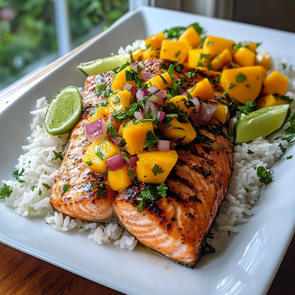 Grilled Salmon with Mango Salsa and Rice