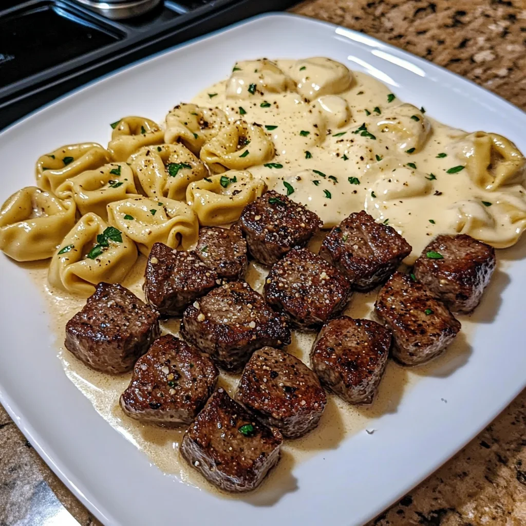 Garlic Butter Steak Bites & Creamy Alfredo Tortellini