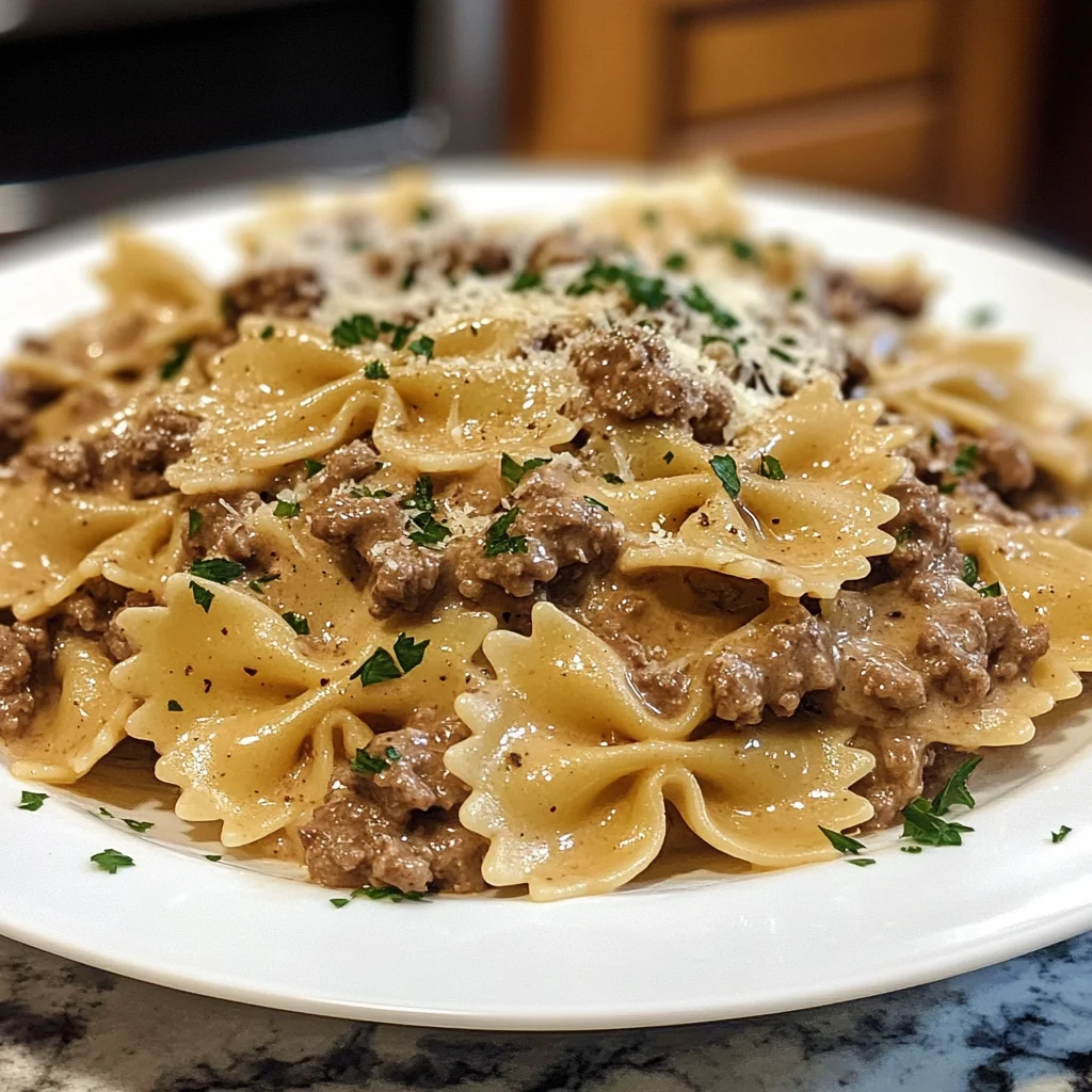 Creamy Parmesan Garlic Beef Bowtie Pasta